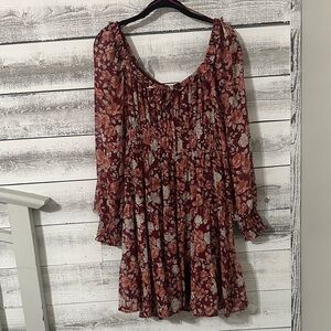 Elegant Floral Burgundy Long Sleeve Dress